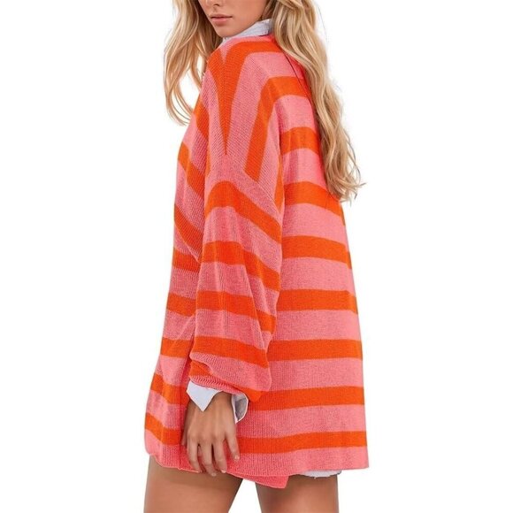 Women Pink Oversized Lounge Set Striped Matching Pajamas Long Sleeve Sweater Top - Picture 2 of 4